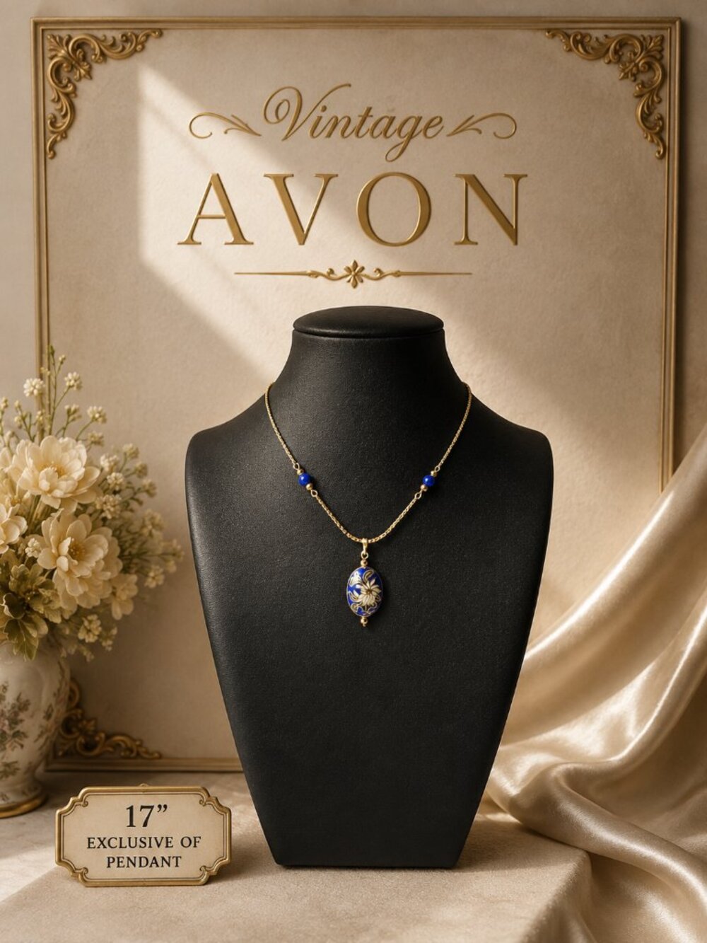 Vintage Signed Avon Cloisonné Floral Pendant Necklace Gold Tone 17”
